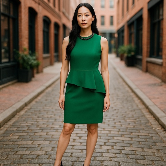 Carmen Marc Valvo Collection Emerald Green Ruffled Crepe Dress Size 4. NEW - Picture 13 of 13